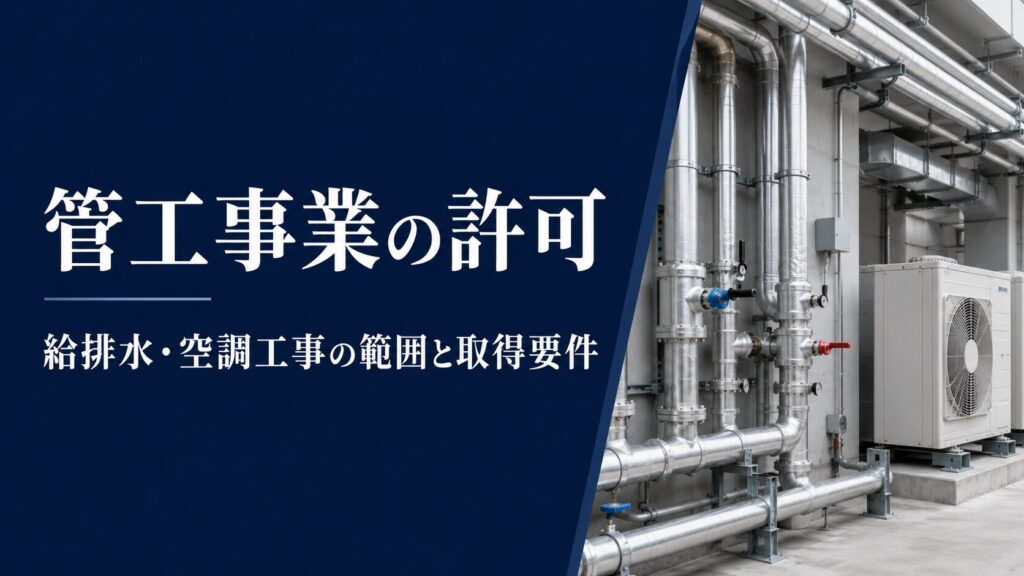 管工事業の建設業許可と給排水・空調設備の配管を示すアイキャッチ