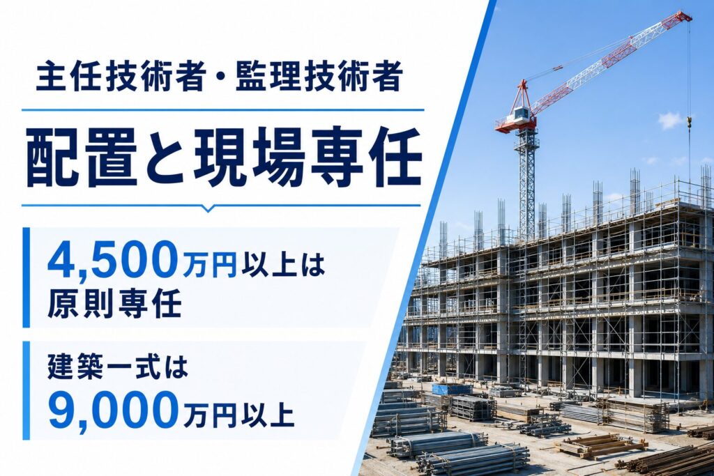 主任技術者・監理技術者の配置基準と、4,500万円以上、建築一式9,000万円以上で原則として現場専任が必要なことを示したアイキャッチ画像