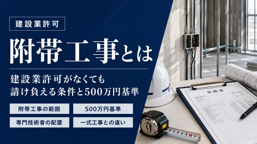建設業許可の附帯工事と500万円基準・専門技術者を解説するアイキャッチ