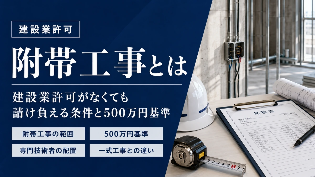 建設業許可の附帯工事と500万円基準・専門技術者を解説するアイキャッチ